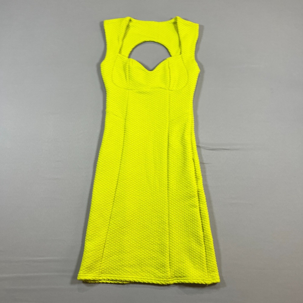Topshop Bodycon Dress Womens 4 Neon Yellow Front Cut out Sculpted Sweetheart